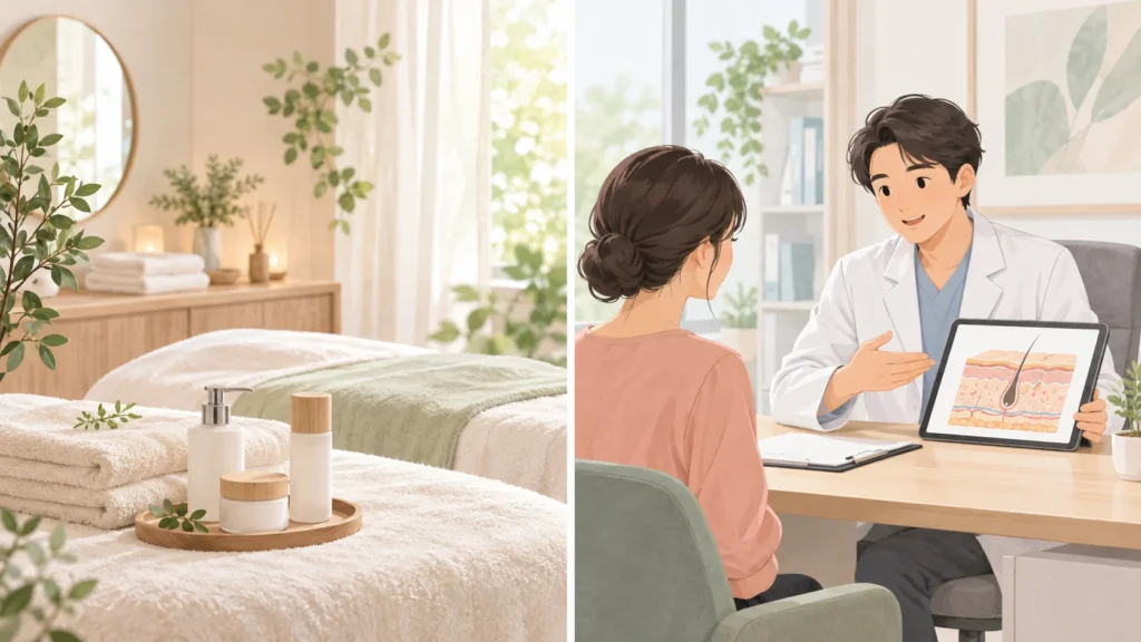 일반 피부관리 공간과 피부과 상담 공간을 나란히 구분해 표현한 설명용 일러스트
